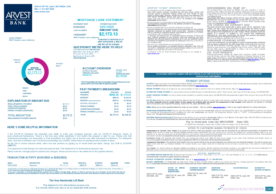 Download USA Arvest bank mortgage loan statement in Word and PDF formats , 4 pages 1 2 Photoshop template